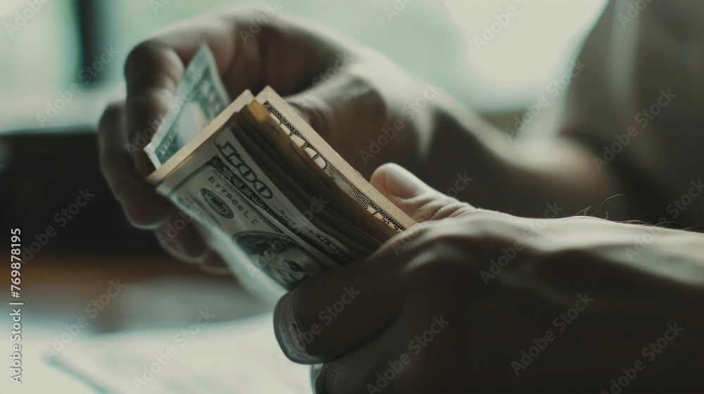 Macro shot of hands counting currency, the texture of bills detailed, with 20 free space to the right, emphasizing financial management low noise Macro shot of hands counting currency, the texture of bills detailed, with 20 free space to the right, emphasizing financial management low noise