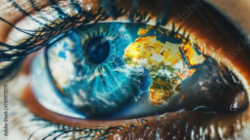 Macro shot of an eye, reflecting a world map with trading routes, 20 free space symbolizing the unexplored potential in global economy low texture © kitidach
