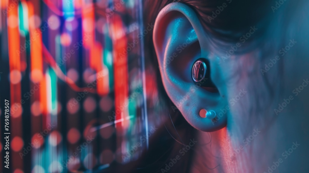 Macro shot of an ear wearing an earpiece, streaming live market updates, 20 free space at the top, representing the unseen future of stocks no splash Macro shot of an ear wearing an earpiece, streaming live market updates, 20 free space at the top, representing the unseen future of stocks no splash