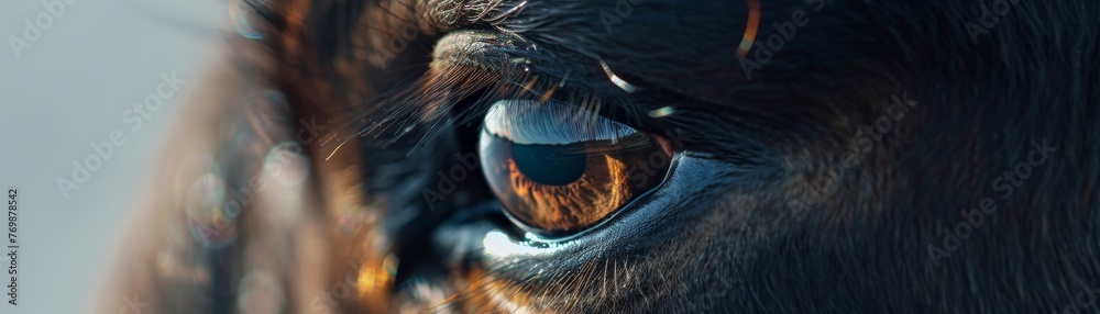 Macro shot of an eye, the pupil mirroring a bull and bear shadow, symbolizing market volatility, with 20 free space for market predictions low noise - obrazy, fototapety, plakaty 