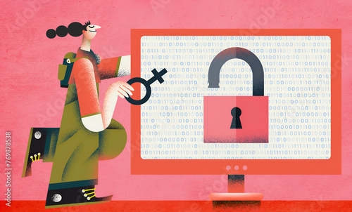 Confident woman locking padlock on computer screen using female symbol key 