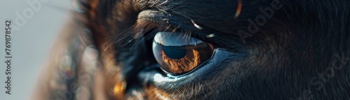 Macro shot of an eye, the pupil mirroring a bull and bear shadow, symbolizing market volatility, with 20 free space for market predictions low noise