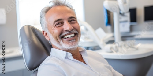 The snow-white smile of a middle-aged man in the dentist’s office. Generative AI.