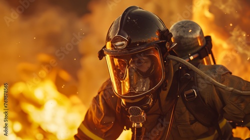 A firefighter in full protective gear battling flames