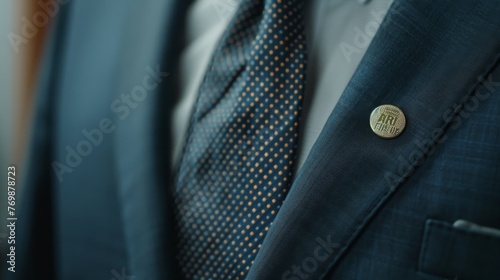 Closeup on a chest wearing a lapel pin of a stock ticker, subtle power in details, with 20 free space for market expansion low noise photo