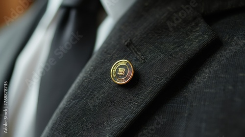 Closeup on a chest wearing a lapel pin of a stock ticker, subtle power in details, with 20 free space for market expansion low noise photo