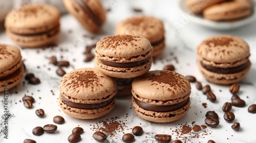 Delicious coffee flavored macaroons arranged on a marble background