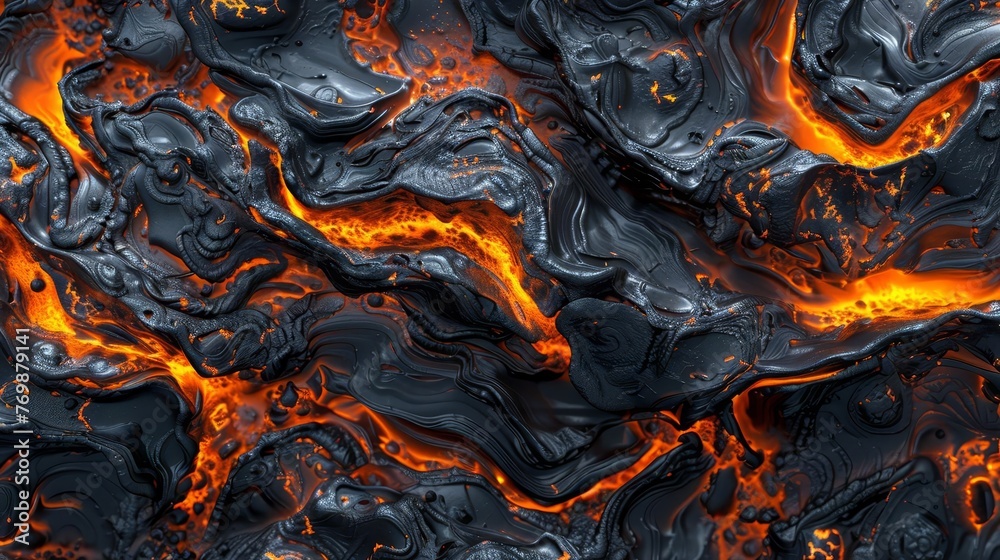 Seamless pattern of molten lava texture, volcanic rock background - obrazy, fototapety, plakaty 