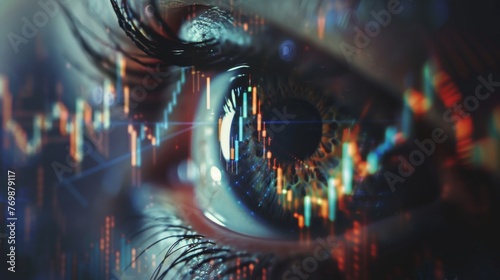 Closeup of an eye reflecting soaring stock market charts, with 20 free space to envision future gains and opportunities low texture