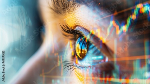 Closeup of an eye reflecting soaring stock market charts, with 20 free space to envision future gains and opportunities low texture