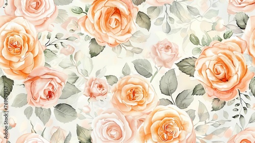 Seamless pattern of light pink roses and cream rose arrangement, watercolor floral illustration