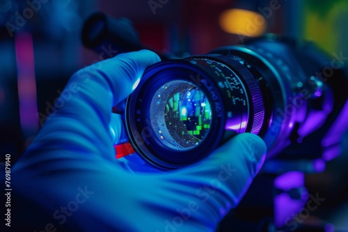 The glow of optical elements within a lens captured under black light in a lab