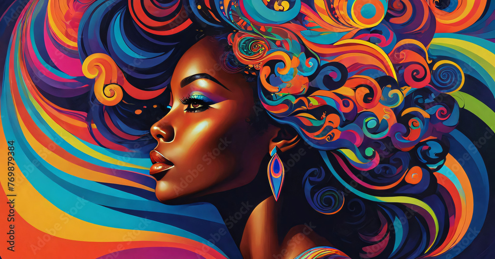 Profile of a young woman in psychedelic style, bright colors, makeup.