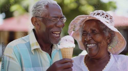 Senior couple enjoying ice cream together, sweet moment of happiness and love photo