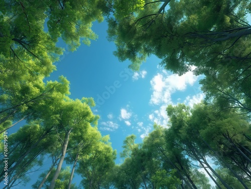Lush green treetops converge against a backdrop of vibrant blue sky and fluffy white clouds.