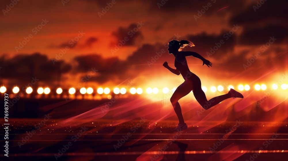Silhouette of female athlete sprinting on illuminated stadium track at night, sports concept photo