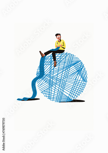 Man knitting on top of large ball of wool