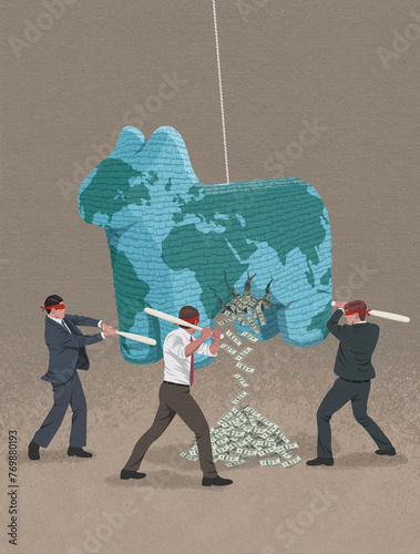 Businessmen breaking planet earth shaped as piñata to get money