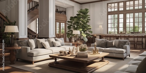 A stylish Colonial house with a modern twist, featuring a spacious and inviting living room adorned with elegant furnishings and contemporary decor in a realistic 3D rendering.