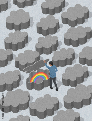 Woman lifting lid on grey cloud revealing colourful rainbow