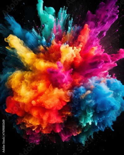 Explosion of bright colorful paint/powder on black background 