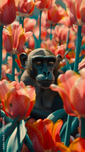 A chubby monkey among tulips, seen through vivid anamorphic art, creatively altering perceptions