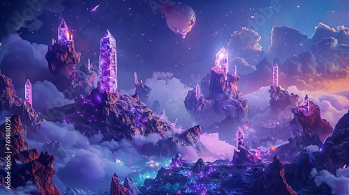Surreal fantasy landscape with floating mountains  glowing crystals  and magical creatures  digital painting