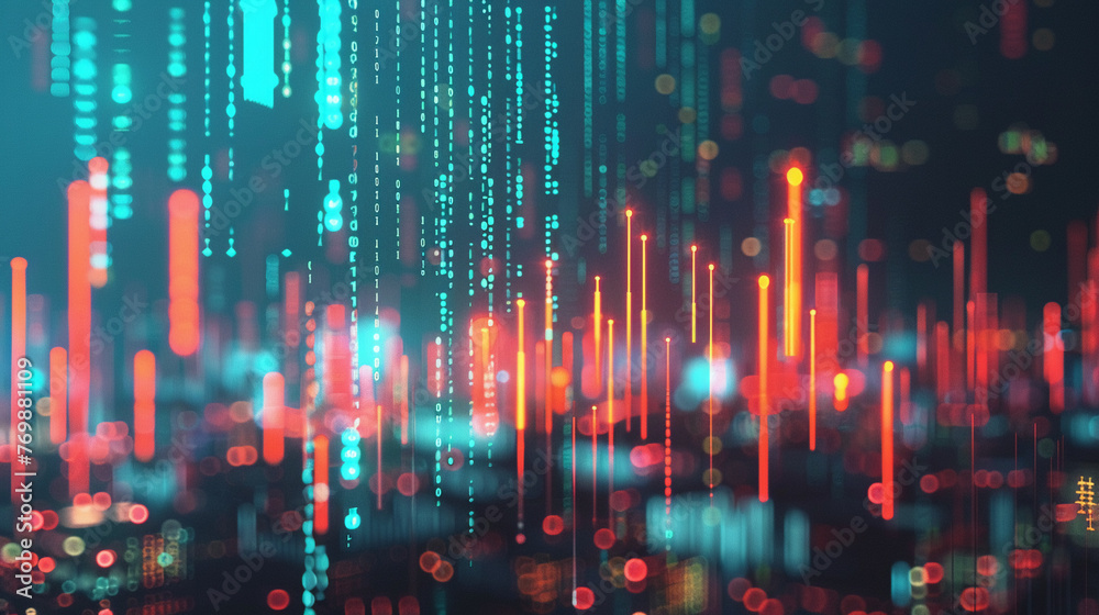 Abstract glowing big data forex candlestick chart emerges against a blurry city backdrop depicting the fusion of trade Abstract glowing big data forex candlestick chart emerges against a blurry city backdrop depicting the fusion of trade
