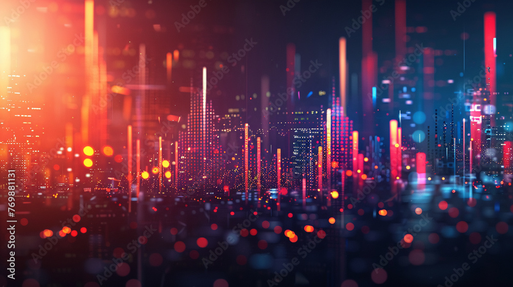 Abstract glowing big data forex candlestick chart emerges against a blurry city backdrop depicting the fusion of trade
