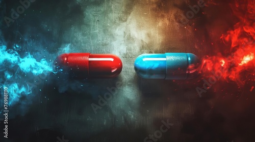 Thought-provoking concept art depicting the choice between the red pill of truth and the blue pill of illusion, a powerful metaphor for belief and reality