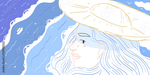 Elegant female character portrait in simple colorful crayon handdrawn style. Summer holiday or vacation on the sea theme for banner, placard, poster. Vector illustration for summer festival on a beach