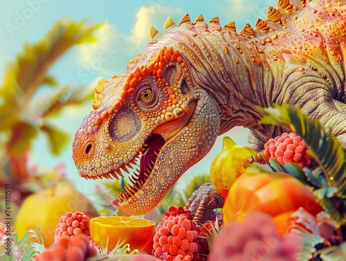 A serene dino peacefully eating vibrant fruits, with a focus on the contrast between the soft textures and sharp colors