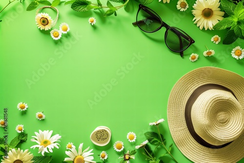 summer theme still life with some leisure, natural and travel items taken from above on green background with copy space