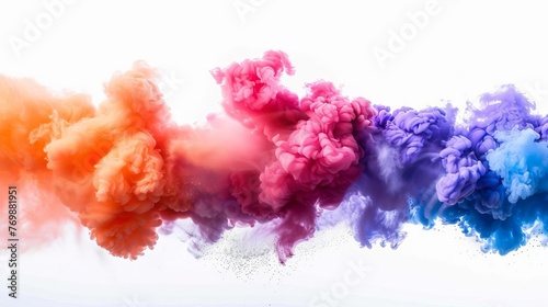 Vibrant set of colored smoke bomb explosions on white background, abstract powder clouds, holi festival concept, studio photography