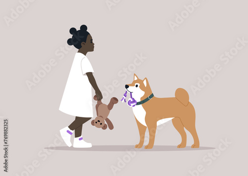 Little Girls Afternoon Walk With Her Fluffy White Dog and Teddy Bear, A young kid strolls with her loyal pup, holding a toy, sharing a moment of innocent playtime