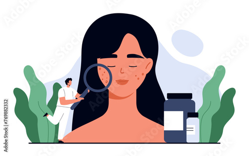 Acne concept. Dermatologist doctor holding magnifying glass and examining acne on woman face. Skin problem, dermatology treatment and skincare. Isolated vector illustration in cartoon style