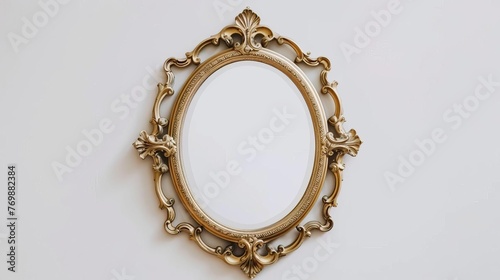 Vintage oval baroque photo frame mockup isolated on white, luxurious Victorian decor