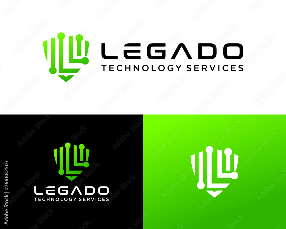 Fototapeta premium Letter L monogram shield technology connection company logo design.