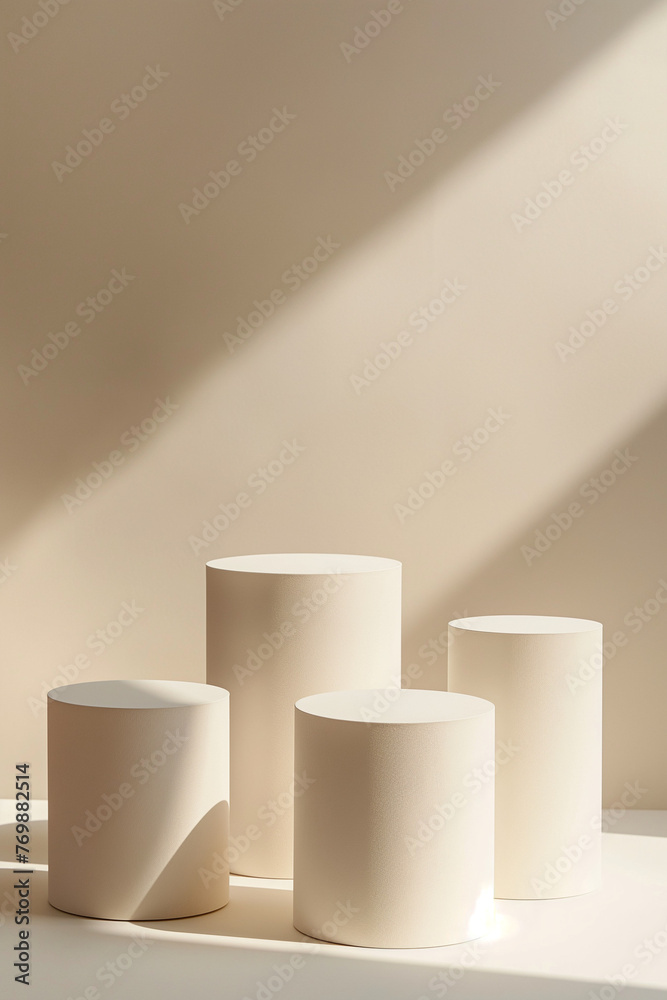 Four white podiums for the presentation of the product. White background. Minimal. beige. 3D rendering. Pedestals.