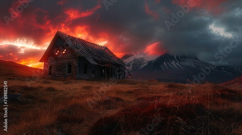 Fiery sunset skies crown an old wooden cabin, a forgotten relic framed by autumn's embrace. photo