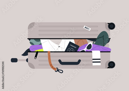 Open suitcase overloaded with clothes and personal belongings, baggage excess