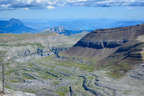 Panorama of Ordesa Valley in the Pyrenees, sunny with clouds