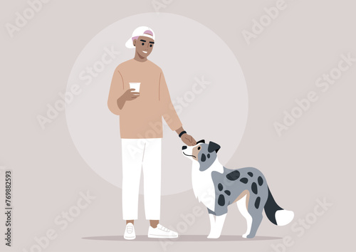 A gender neutral person an their merle Dog Enjoying a Morning walk,  A non binary character standing beside a blue marble colored border collie holding a cup