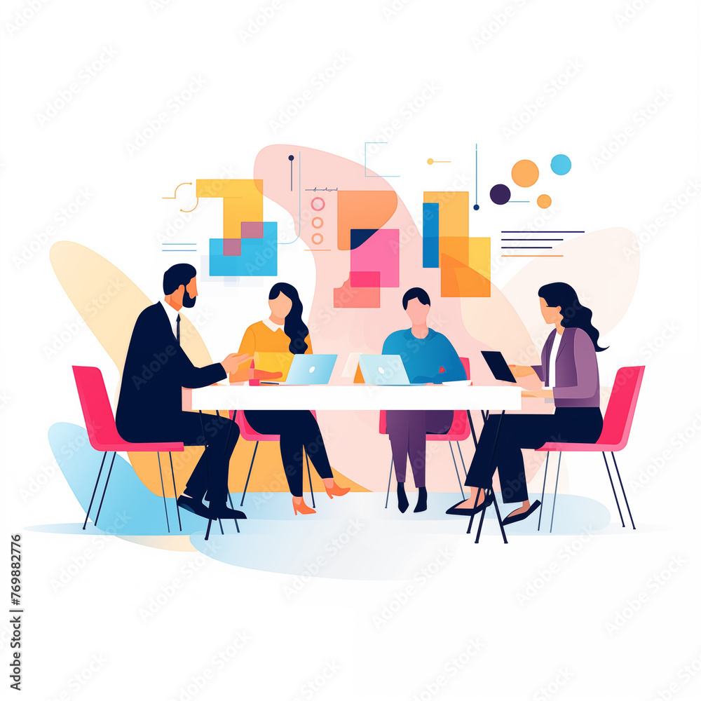 graphic design business meeting group, simple geometric flat vector illustration, minimal, vibrant color on white background