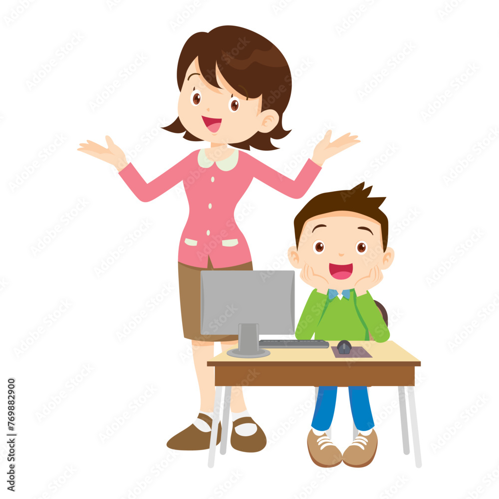 happy teacher and student learning computer happy teacher and student learning computer