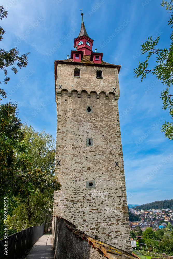 Old city wall watchtower in Lucerne Switzerland