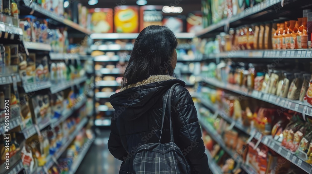 Woman shopping for groceries in supermarket aisle, candid photograph Woman shopping for groceries in supermarket aisle, candid photograph