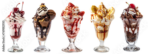 Collection of Sundae sundaes ice cream frozen dessert in tulip glass cup on transparent background cutout, PNG file. Many assorted different flavour Mockup template for artwork design	
 photo
