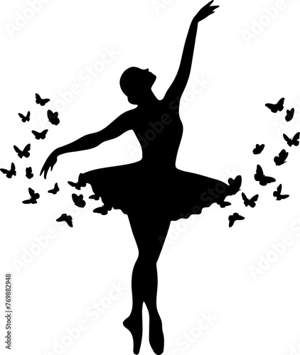 vector illustration of a silhouette of an angel girl dancing to Bellet and jumping in black and white