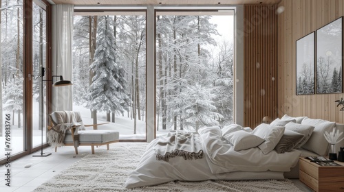 Cozy atmosphere in a bedroom with large windows, white and neutral tones, wooden accents, textured wall panels, modern furniture, and snow outside the window